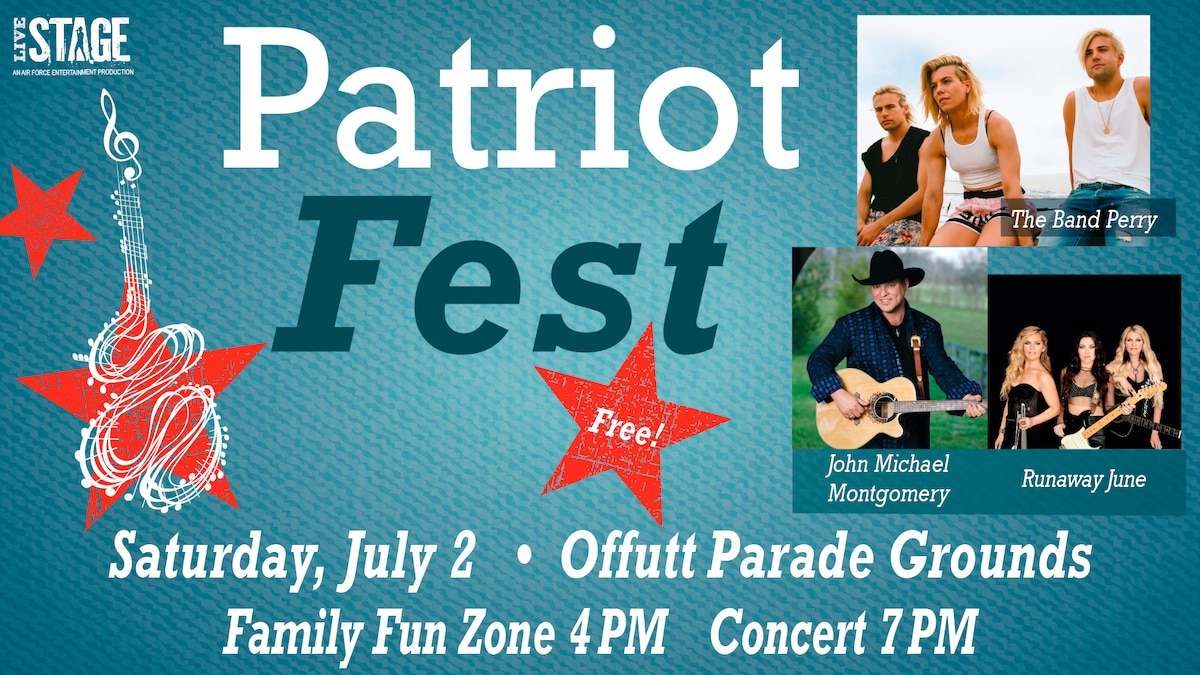 Graphic showing Patriot Fest, date of event, location, times and featured musical acts.