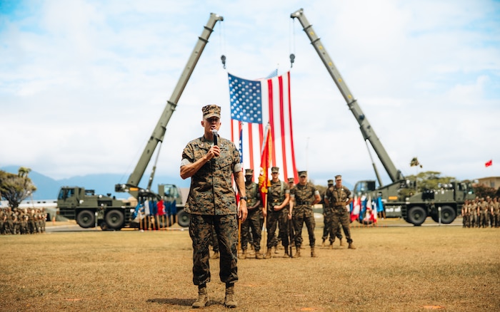 U.S. Marine Corps Col. Timothy S. Brady Jr, commanding officer, 3rd Marine Littoral Regiment, 3rd Marine Division, gives remarks during the redesignation ceremony of 1st Battalion, 3rd Marines at Marine Corps Base Hawaii, June 23, 2022. 1/3 redesignated to the 3rd Littoral Combat Team where it will be organized, trained, and equipped to support sea control and sea denial operations within actively contested maritime spaces as part of a modernized force, integrated with the Navy and other joint force elements. The redesignation demonstrates significant progress towards the FD2030 initiative.