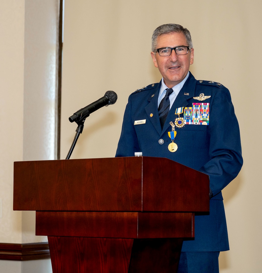 Maj. Gen. Peter Nezamis speaks to those in attendance during a retirement ceremony June 17 at the 126th Air Refueling Wing, based at Scott Air Base, Belleville, Illinois. Nezamis will retire later this summer after more than 37 years of service spanning the Michigan Air National Guard and Illinois Air National Guard.