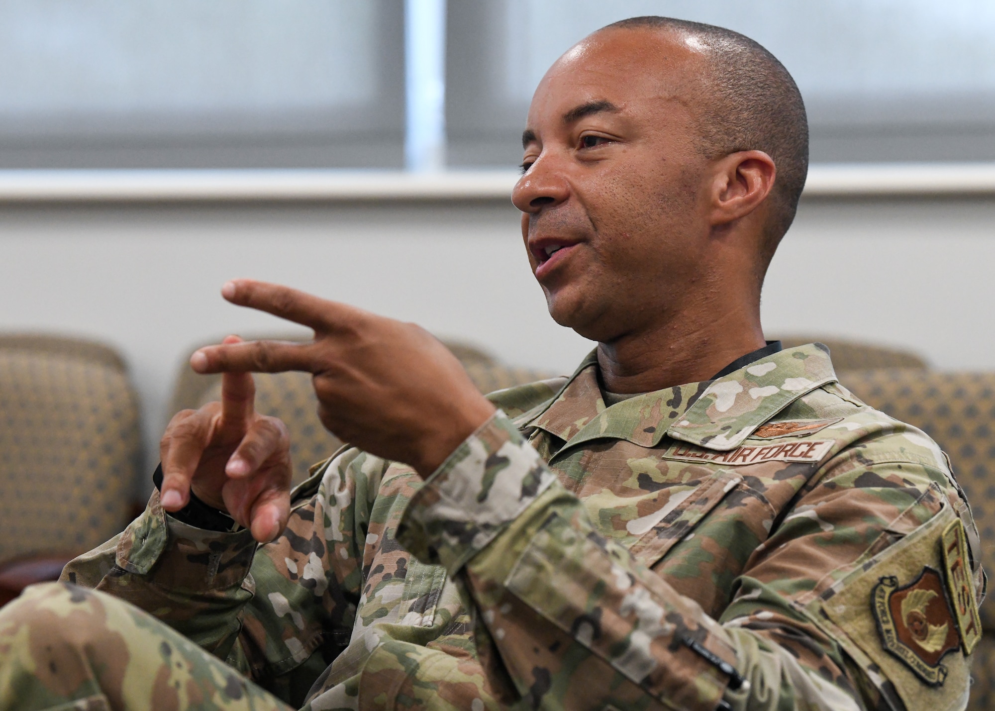 Col. Randel Gordon, incoming commander of Arnold Engineering Development Complex, sits for an interview with public affairs at Arnold Air Force Base.