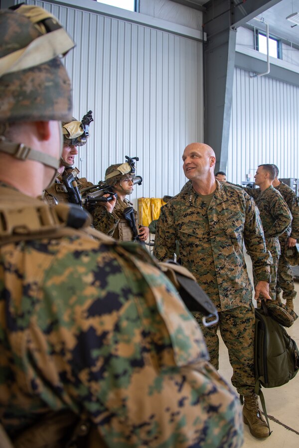 U.S Marine Corps Lt. Gen. David Bellon, Commander of Marine Forces Reserve and Marine Forces South talks to Marines with 2nd Battalion, 24th Marine Regiment, Fox Co., 4th Marine Division at Salina, Kansas on June 22, 2022. Exercise Gunslinger 22 is a joint Kansas Air National Guard and U.S. Marine Corps exercise designed to increase joint aircraft control and training for potential real world contingencies. (U.S. Marine Corps photo by Cpl. Ryan Schmid)