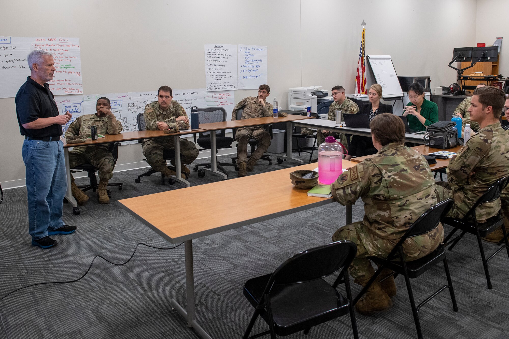 Gary Adams, Goldratt consultant, discusses Theory of Constraints application to Airmen assigned to the 23rd Maintenance Group at Moody Air Force Base, Georgia, June 9, 2022. Theory of Constraints is a process improvement methodology for identifying the most important limiting factor that stands in the way of achieving a goal and then systematically improving that constraint until it isn’t a limiting factor.