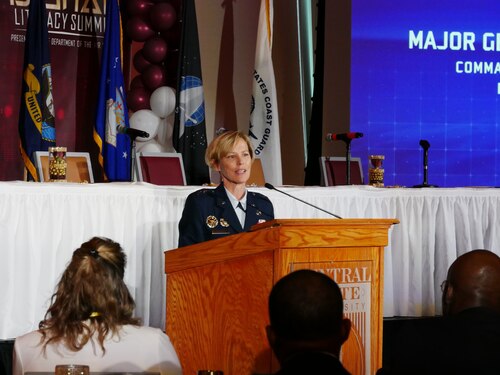 Maj. Gen. Heather L. Pringle, Air Force Research Laboratory commander, speaks during the Historically Black Colleges and Universities, or HBCU, Digital Literacy Summit June 21, 2022, at Central State University, Wilberforce, Ohio. The event, sponsored by the Department of the Air Force, AFRL, Air Force Institute of Technology and Central State University united the HBCUs and DAF Science and Technology communities to address current challenges, strengthen collaborative agreements and promote research efforts. (U.S. Air Force photo / Kenneth McNulty)