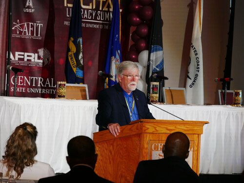 Dr. Walter Jones, Air Force Institute of Technology's director and chancellor, speaks during the Historically Black Colleges and Universities, or HBCU, Digital Literacy Summit June 21, 2022, at Central State University, Wilberforce, Ohio. The event, sponsored by the Department of the Air Force, Air Force Research Laboratory, AFIT and Central State University united the HBCUs and DAF Science and Technology communities to address current challenges, strengthen collaborative agreements and promote research efforts. (U.S. Air Force photo / Kenneth McNulty)