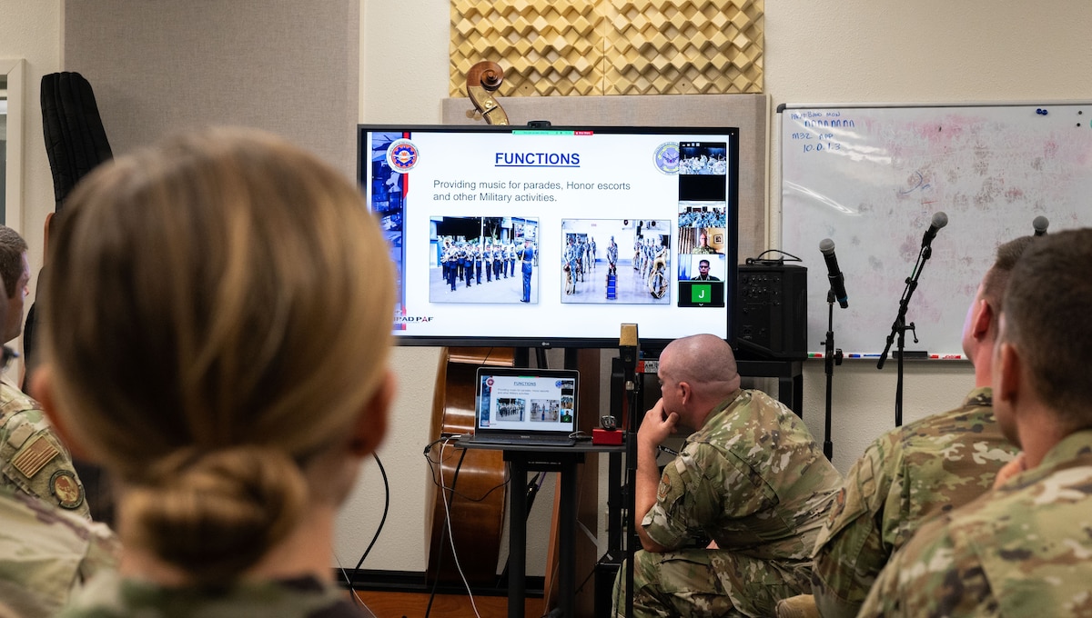 Airmen from the U.S. Air Force Band of the Pacific, out of Hickam Air Force Base, Hawaii along with participants from the U.S. Band of the Golden West out of Travis Air Force Base, California, met virtually with members from the Philippine Air Force Band for a subject matter expert exchange, June 22, 2022. U.S. Air Force Airmen often conduct SMEEs with other nations in order to build relationships and exchange best practices and procedures with each other. With a mission of Recruit, Honor, Inspire, and Connect; connections are the cornerstone for the U.S. Air Force Band of the Pacific. (U.S. Air Force photo by Tech. Sgt. Hailey Haux)
