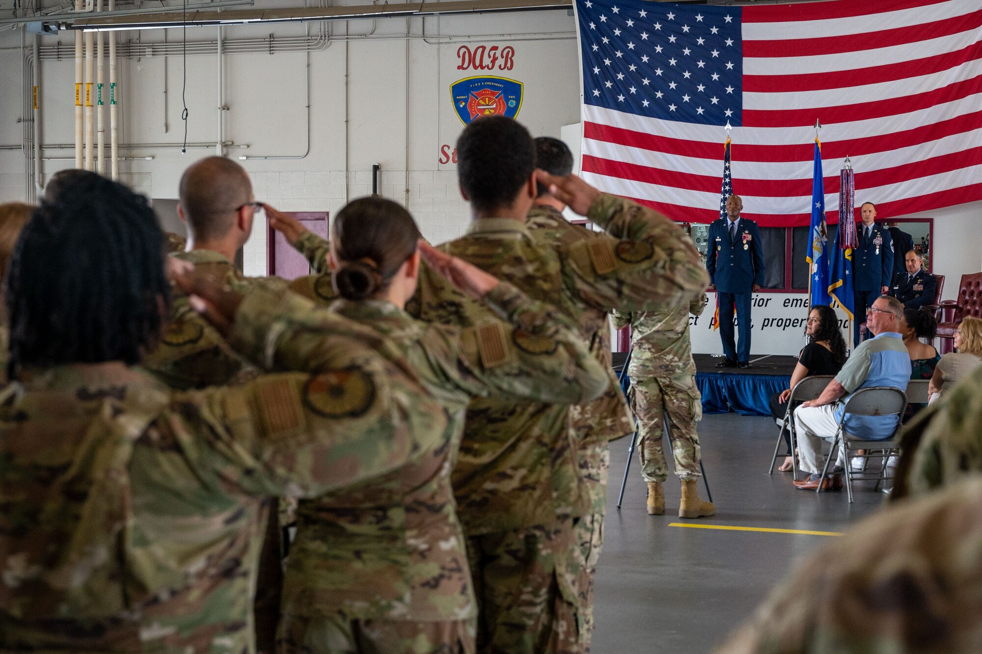 Col. Phelemon Williams, outgoing 436th Mission Support Group commander, receives a final salute from his unit during a change of command ceremony held at the base fire station on Dover Air Force Base, Delaware, June 27, 2022. Williams relinquished command of the 436th MSG to Col. Jason Holcomb, previously the Headquarters Air Force Materiel Command budget director at Wright-Patterson Air Force Base, Ohio. (U.S. Air Force photo by Senior Airman Faith Schaefer)