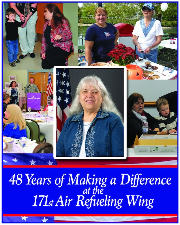 Graphic illustration created June 24, 2022 showing Deb Krall serving as airman and family readiness program manager at the 171st Air Refueling Wing located near Pittsburgh, Pennsylvania. Deb Krall served at the 171st for 48 years and touched the lives of generations of not only Airmen, but members of all branches of service and their families. She retired June 30, 2022.