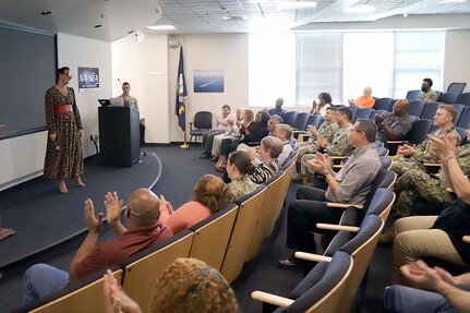 IMAGE: Mx. Jacob Kelley, instructor and founder of Mx. Kelley Queer Education, LLC., speaks to members of the Naval Surface Warfare Center Dahlgren Division Dam Neck Activity (NSWCDD DNA) workforce during the command’s Lesbian, Gay, Bisexual, Transgender, Queer+ (LGBTQ+) Pride Month event on June 8. The purpose of the event, which was hosted by the NSWCDD DNA Diversity and Inclusion Program, was to educate the workforce and help break down barriers that may impede equal opportunities for members of the LGBTQ+ community.