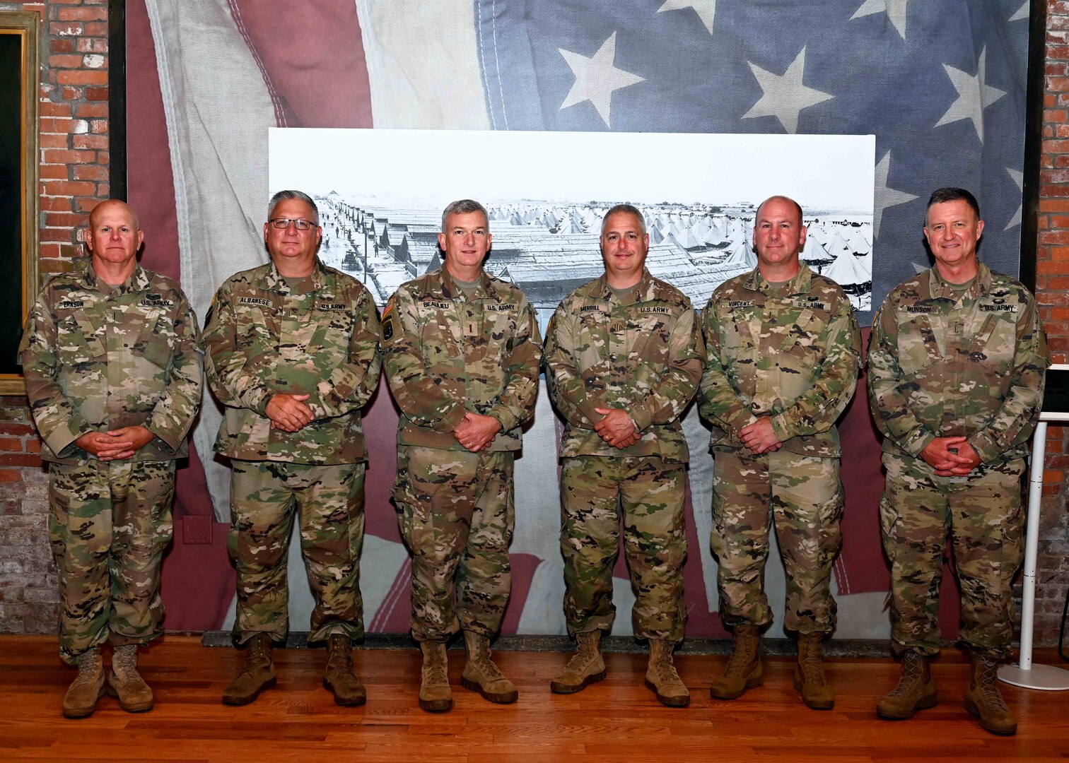 From left, Chief Warrant Officer 5 Brian Erkson of Connecticut; Chief Warrant Officer Frank Albanese of New Jersey; Chief Warrant Officer 5 Scott Beaulieu of Vermont; Chief Warrant Officer 5 Chris Merrill of Maine; Chief Warrant Officer 5 Jay Vincent of Massachusetts; and Chief Warrant Officer 5 George Munson of New Hampshire pose at the state military reservation's Heritage Room in Concord New Hampshire on June 23, 2022.