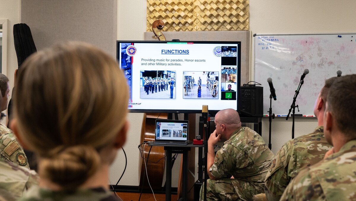 Airmen from the U.S. Air Force Band of the Pacific, out of Hickam Air Force Base, Hawaii along with participants from the U.S. Band of the Golden West out of Travis Air Force Base, California, met virtually with members from the Philippine Air Force Band for a subject matter expert exchange, June 22, 2022. U.S. Air Force Airmen often conduct SMEEs with other nations in order to build relationships and exchange best practices and procedures with each other. With a mission of Recruit, Honor, Inspire, and Connect; connections are the cornerstone for the U.S. Air Force Band of the Pacific. (U.S. Air Force photo by Tech. Sgt. Hailey Haux)