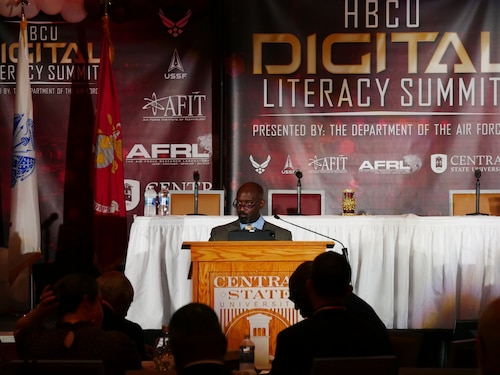 Dr. Reginald Turner, associate dean of the Air Force Institute of Technology’s School of Systems and Logistics, speaks during the Historically Black Colleges and Universities, or HBCU, Digital Literacy Summit June 21, 2022, at Central State University, Wilberforce, Ohio. The event, sponsored by the Department of the Air Force, Air Force Research Laboratory, AFIT and Central State University united the HBCUs and DAF Science and Technology communities to address current challenges, strengthen collaborative agreements and promote research efforts. (U.S. Air Force photo / Kenneth McNulty)
