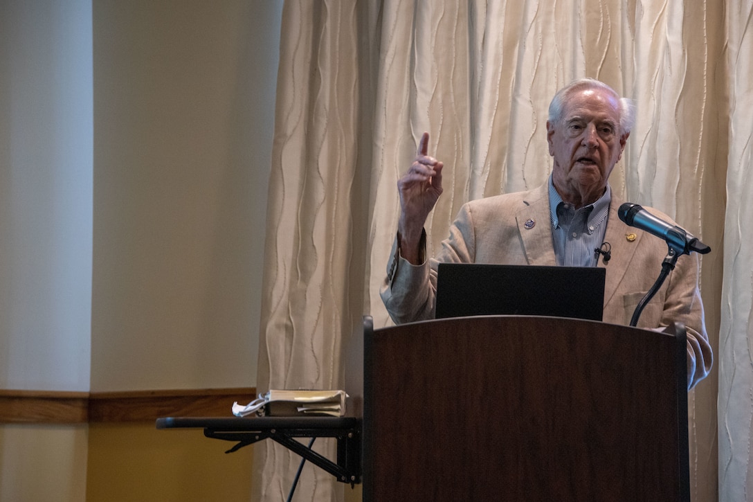 Dr. Lawrence Rowland leads a lecture on the history of Beaufort, South Carolina for U.S. Marines at Marine Corps Air Station Beaufort, S.C., June 23, 2022. Rowland is the author of numerous articles and books on Beaufort, South Carolina and Sea Island history. (U.S. Marine Corps photo by Lance Cpl. Kevin Brookins)