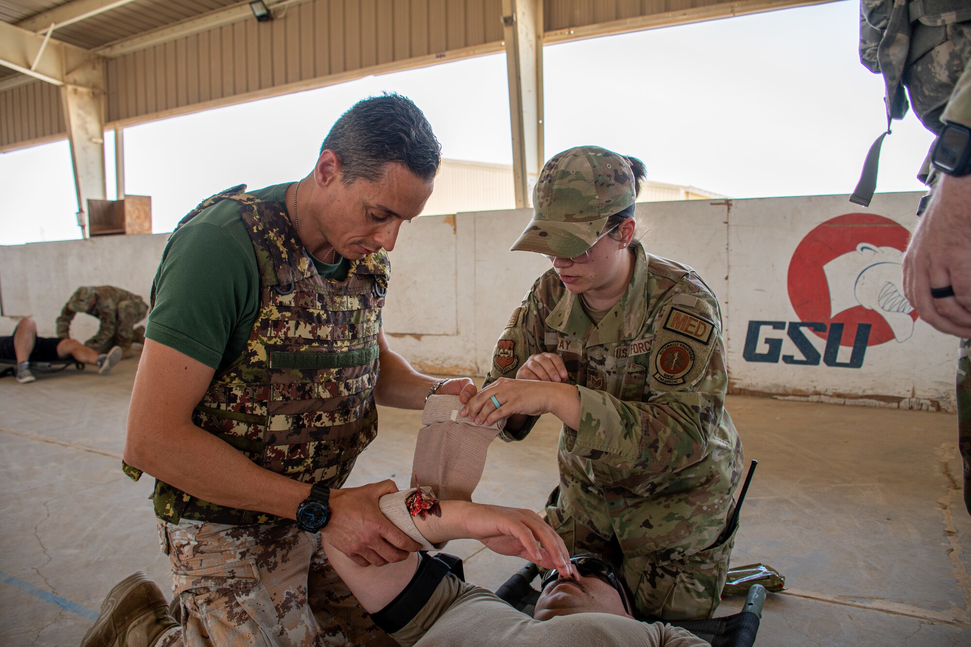 The 386th Expeditionary Medical Group hosted a joint coalition tactical combat casualty care all service members course.  TCCC was designed to lessen combat deaths by providing trauma stabilization techniques for the wounded to survive long enough to receive life-saving treatment at a medical facility.