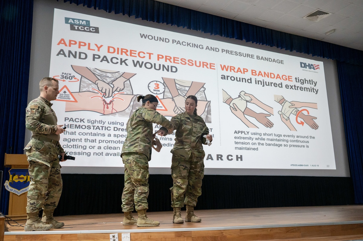 The 386th Expeditionary Medical Group hosted a joint coalition tactical combat casualty care all service members course.  TCCC was designed to lessen combat deaths by providing trauma stabilization techniques for the wounded to survive long enough to receive life-saving treatment at a medical facility.