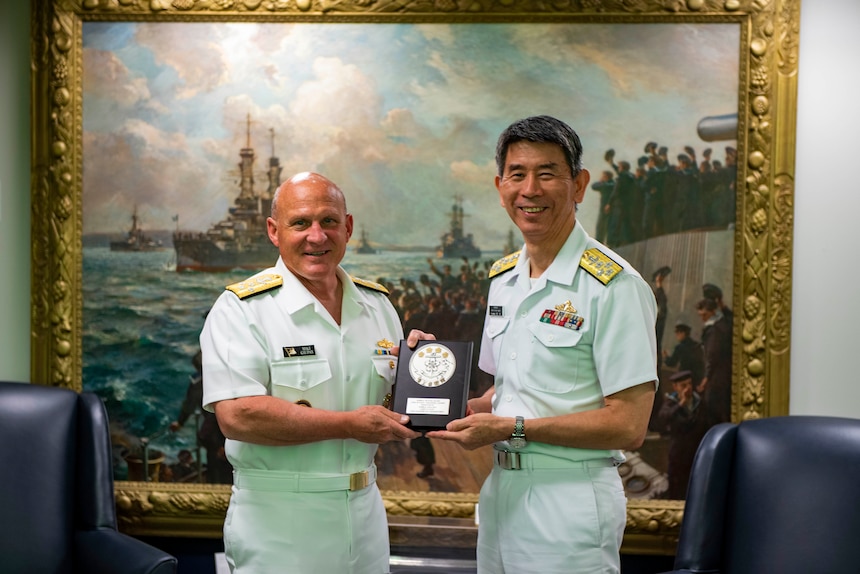 WASHINGTON (June 28, 2022) - Chief of Naval Operations Adm. Mike Gilday meets with Chief of Staff of the Japan Maritime Self-Defense Force (JMSDF) Adm. Ryo Sakai during an office call at the Pentagon, June 28. The two leaders discussed maritime security and ongoing efforts to ensure a free and open Indo-Pacific. (U.S. Navy photo by Mass Communication Chief Amanda Gray/released)
