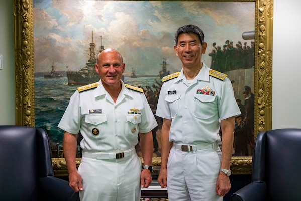 WASHINGTON (June 28, 2022) - Chief of Naval Operations Adm. Mike Gilday meets with Chief of Staff of the Japan Maritime Self-Defense Force (JMSDF) Adm. Ryo Sakai during an office call at the Pentagon, June 28. The two leaders discussed maritime security and ongoing efforts to ensure a free and open Indo-Pacific. (U.S. Navy photo by Mass Communication Chief Amanda Gray/released)