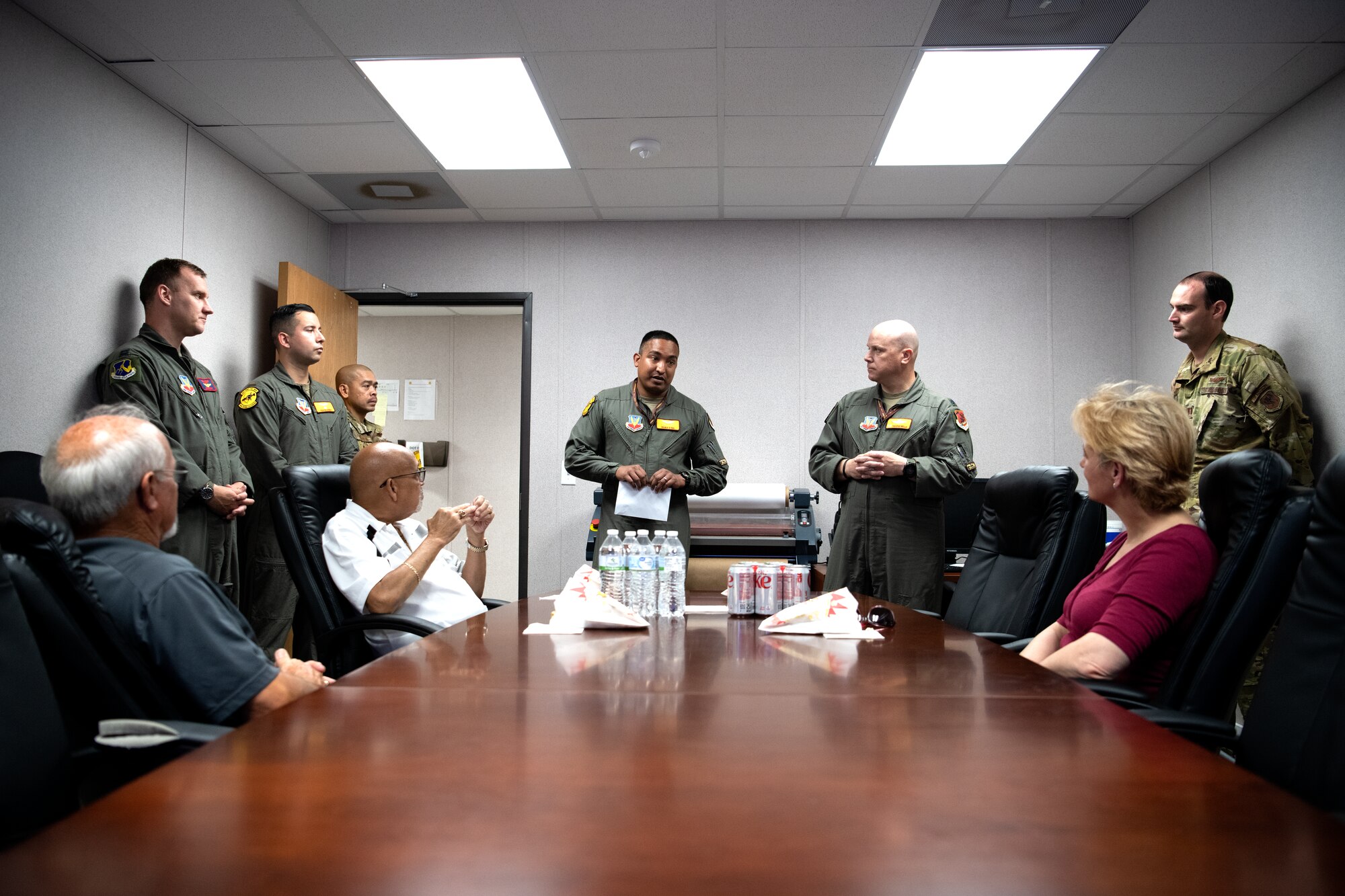 U.S. Air Force Major Daniel, 482nd Attack Squadron (ATKS) director of operations, center, gives a mission briefing to honorary commanders during an immersion tour at Shaw Air Force Base (AFB), S.C., June 22, 2022. The tour gave 482nd ATKS Airmen and honorary commanders the opportunity to meet and learn about each other’s role in the community. (U.S. Air Force photo by Staff Sgt. Kelsey Owen)
