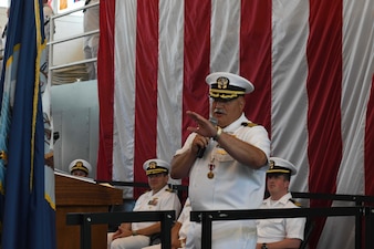 GREAT LAKES, Ill. (June 27, 2022) During the Surface Combat Systems Training Command Great Lakes (SCSTC Great Lakes) change of command ceremony onboard Naval Station Great Lakes, Cmdr. Shaun Fischer reflects on his two years as commanding officer.  (U.S. Navy photo by Mass Communication Specialist 1st Class Cory Asato)