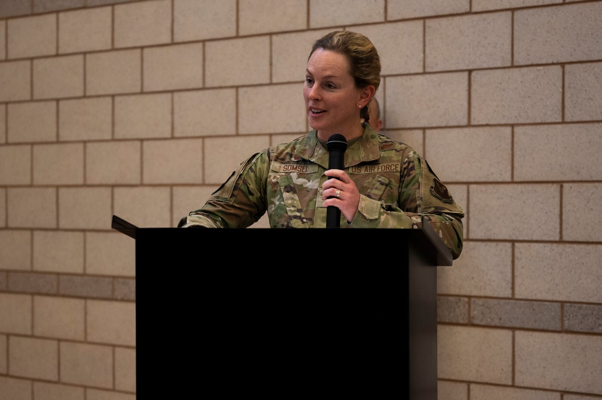 Col. Elizabeth Somsel, 7th Medical Group commander, gives her remarks during the 7th Medical Support Squadron Inactivation Ceremony at Dyess Air Force Base, Texas, June 24, 2022. The 7th MDSS functions will transfer to the 7th Healthcare Operations Squadron and the flight’s mission will not change. (U.S. Air Force photo by Senior Airman Reilly McGuire)