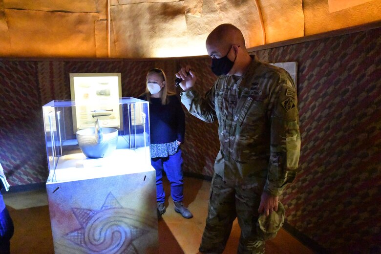 Former Mobile District Commander Col. Sebastian P. Joly examines an exhibit inside the Jones Archaeological Museum at the Moundville Archaeological Park in Moundville, Alabama on March 23, 2021. The Moundville Archaeological Park is one of many Native American sites around the country in which USACE has active projects.
