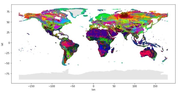 Global maps are shown colored by soil "labels" found using product quantization.