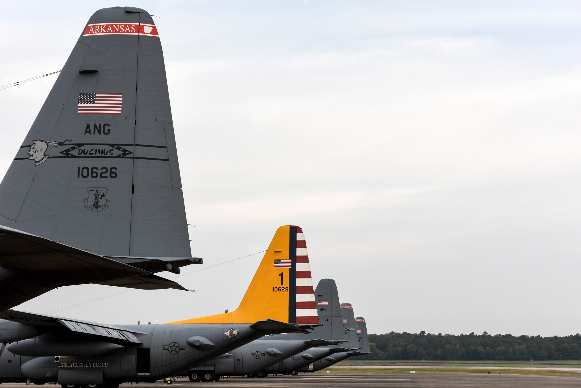 Aircraft line the rows of the flightline in preparation for flight