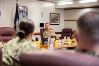 Capt. David Thames, Commander, Naval Surface Forces Atlantic’s force chaplain, speaks with a Warrior Toughness (WT) working group during an offsite meeting at Naval Air Station Pensacola, June 23, 2022.