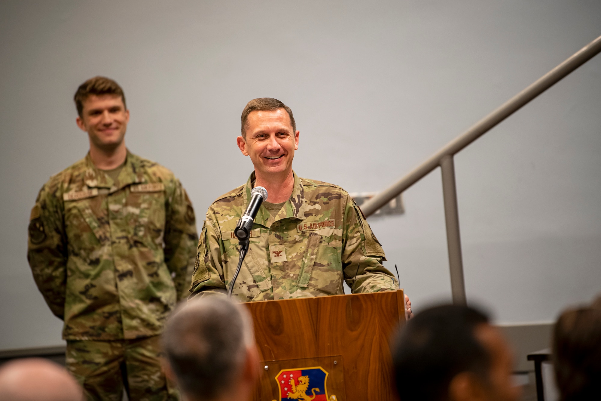 U.S. Air Force Col. Jon T. Hannah, 422d Air Base Group commander, speaks during an assumption of command ceremony at RAF Croughton, England, June 27, 2022. This will be the last ceremony Hannah presides over as the commander of the 422d ABG. (U.S. Air Force photo by Staff Sgt. Eugene Oliver)
