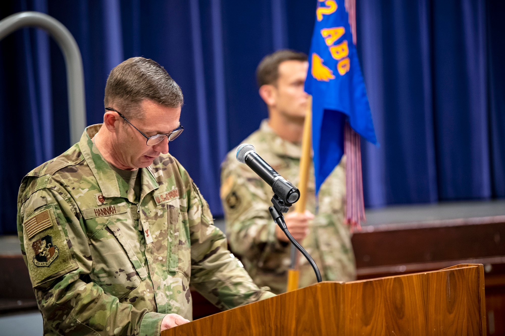 U.S. Air Force Col. Jon T. Hannah, 422d Air Base Group commander, speaks during an assumption of command ceremony at RAF Croughton, England, June 27, 2022. This will be the last ceremony Hannah presides over as the commander of the 422d ABG. (U.S. Air Force photo by Staff Sgt. Eugene Oliver)