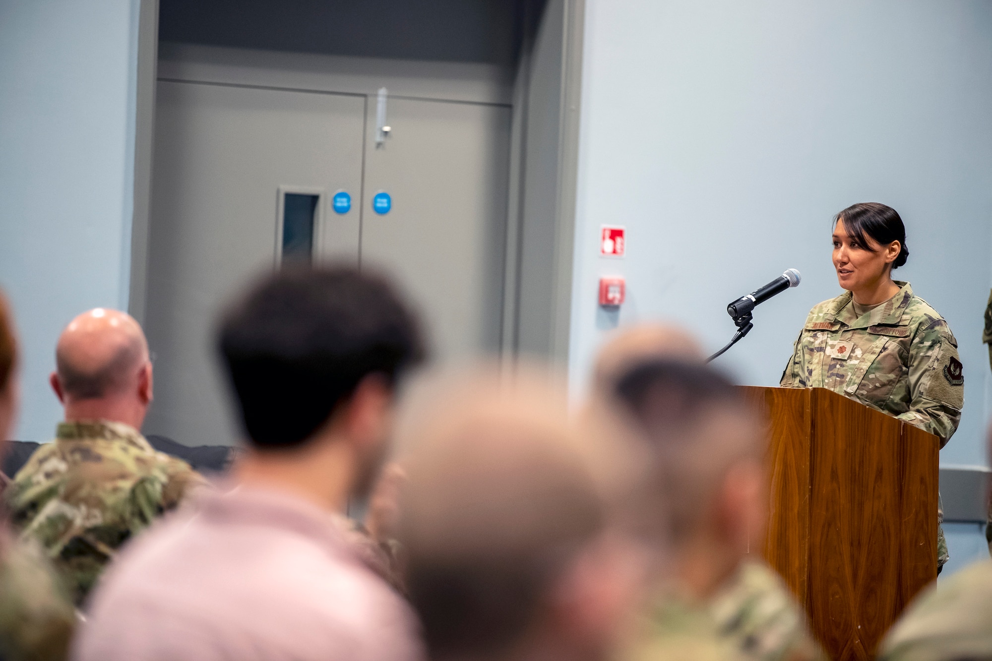 U.S. Air Force Maj. Amanda Altman, 422d Communications Squadron incoming commander, speaks during an assumption of command at RAF Croughton, England, June 27, 2022. Altman completed an Air University Fellowship at Maxwell Air Force Base, Alabama, prior to assuming command of the 422d CS. (U.S. Air Force photo by Staff Sgt. Eugene Oliver)
