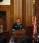U.S. Air Force Capt. Alcides Silva, 188th Force Support Squadron assistant director for personnel, addresses the crowd at a naturalization ceremony in the Judge Isaac C. Parker Federal Courtroom in Fort Smith, Ark., June 24, 2022.