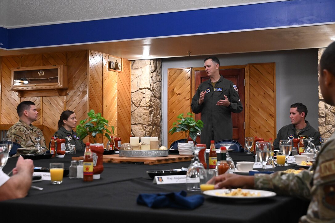 U.S. Air Force Maj. Gen. Craig D. Wills, 19th Air Force commander, speaks at a breakfast with squadron commanders at Altus Air Force Base, Oklahoma, June 23, 2022. Wills gave advice and answered questions from the squadron commanders during the breakfast. (U.S. Air Force photo by Senior Airman Kayla Christenson)