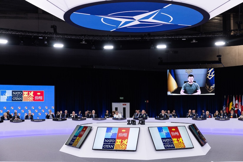 Ukrainian President Volodymyr Zelenskyy speaks on screen to officials seated at a large round table.