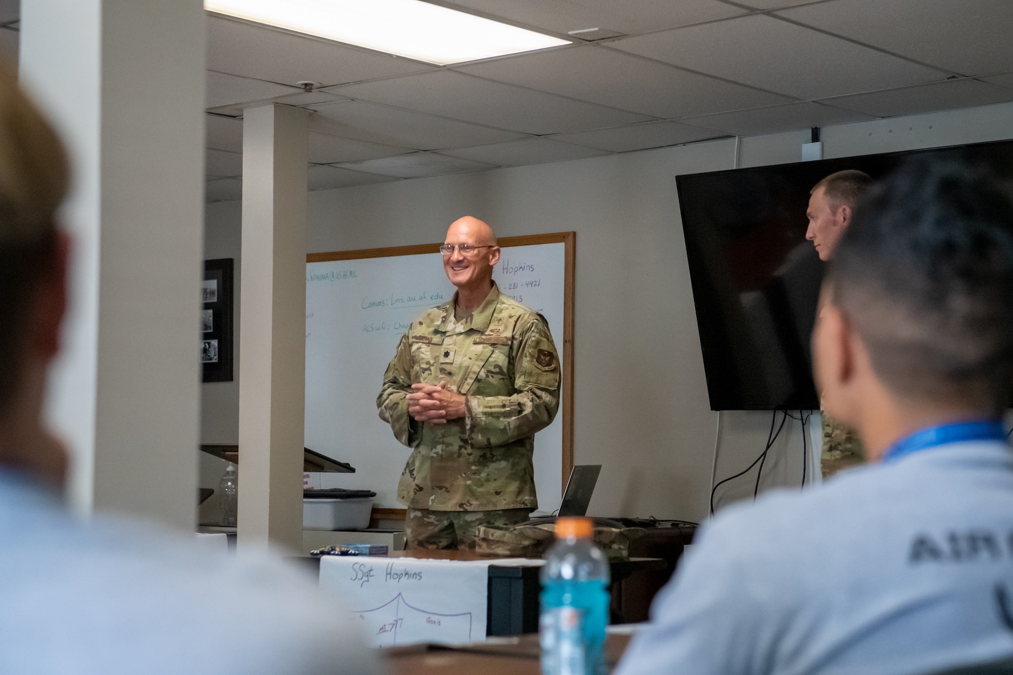 Lt. Col. Derek A. Guinn, 419th Fighter Wing chaplain, answers questions from trainees in the Development and Training Flight. The conversation allowed trainees to better understand they can exercise their religious freedom while in Basic Military Training. (U.S. Air Force photo by Senior Airman Kayla Ellis)