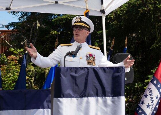 Rear Adm. Robert Gaucher, commander, Submarine Group 9, delivers a speech during a change of command ceremony onboard Naval Base Kitsap – Bangor, Wash., June 28, 2022.