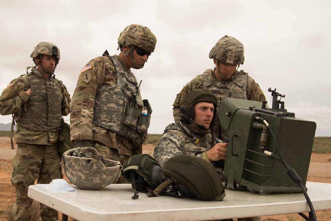 Soldiers with Battery C, 1st Battalion, 174th Air Defense Artillery Regiment, Ohio Army National Guard track an aerial target at a live-fire short-range missile range near White Sands Missile Range, New Mexico, Oct. 12, 2018.