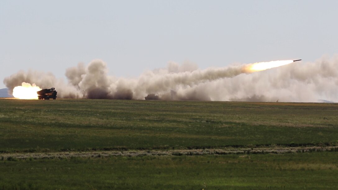 U.S. Army National Guard Soldiers assigned to 2nd Battalion, 300th Field Artillery conduct a live fire exercise with the High Mobility Artillery Rocket System (HIMARS) during XCTC 21-05.