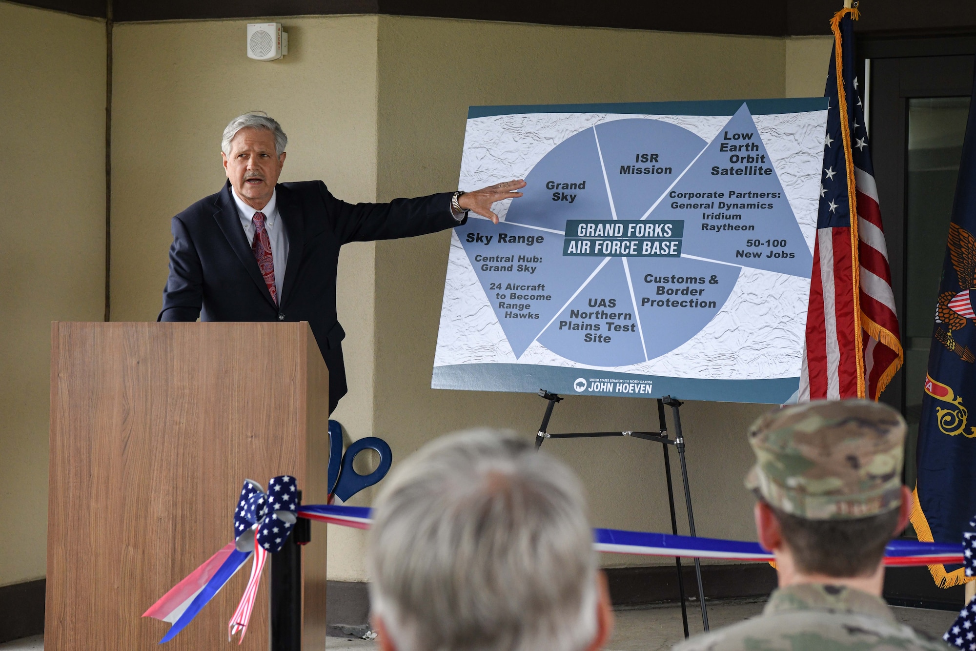 Sen. John Hoeven (R-ND) speaks during a Space Development Agency ribbon-cutting ceremony June 28, 2022, at Grand Forks Air Force Base, North Dakota. Grand Forks AFB was selected as the future home of SDA’s first ground operations and integration center, which will operate and control multiple-layer satellite operations for Tranche 1 of the National Defense Space Architecture. Space Development Agency is recognized as the Department of Defense’s constructive disruptor for space acquisition and will accelerate delivery of needed space-based capabilities to the joint warfighter to support terrestrial missions through development, fielding and operation of the National Defense Space Architecture. (U.S. Air Force photo by Senior Airman Ashley Richards)