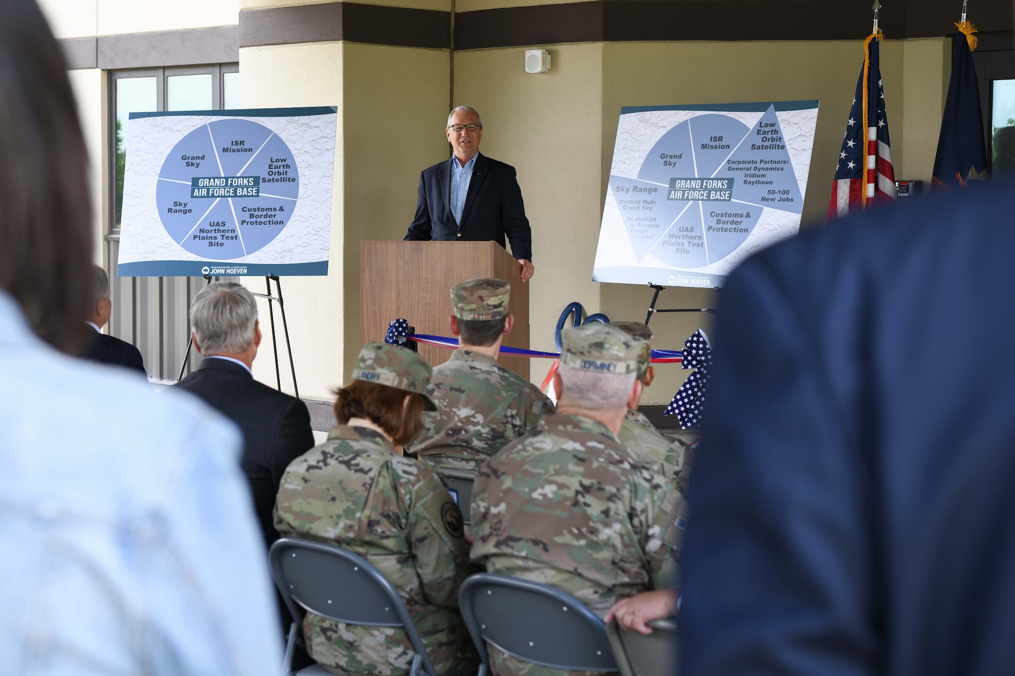 Sen. Kevin Cramer (R-ND) speaks during a Space Development Agency ribbon-cutting ceremony June 28, 2022, at Grand Forks Air Force Base, North Dakota. Grand Forks AFB was selected as one of two ground operation centers that will operate SDA ground entry points required to uplink and downlink data, and lead ground-to-space integration efforts. Space Development Agency is recognized as the Department of Defense’s constructive disruptor for space acquisition and will accelerate delivery of needed space-based capabilities to the joint warfighter to support terrestrial missions through development, fielding and operation of the National Defense Space Architecture. (U.S. Air Force photo by Senior Airman Ashley Richards)