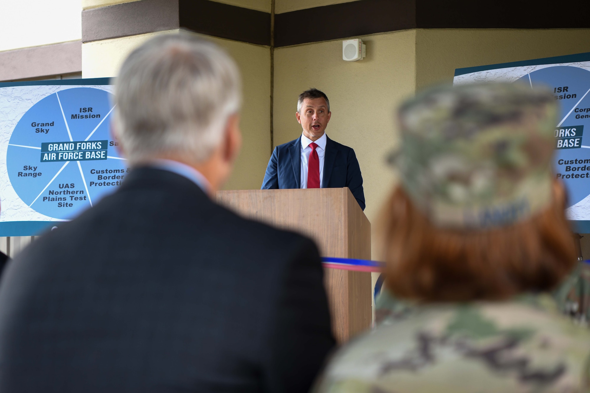 Rep. Kelly Armstrong (R-ND) speaks during a Space Development Agency ribbon-cutting ceremony June 28, 2022, at Grand Forks Air Force Base, North Dakota. Space Development Agency’s Tranche 1 Transport Layer operations are enabled by the Tranche 1 ground segment, which will include two operations centers located at SDA-provided facilities at Grand Forks AFB and Redstone Arsenal, Huntsville, Alabama. Space Development Agency is recognized as the Department of Defense’s constructive disruptor for space acquisition and will accelerate delivery of needed space-based capabilities to the joint warfighter to support terrestrial missions through development, fielding and operation of the National Defense Space Architecture. (U.S. Air Force photo by Senior Airman Ashley Richards)