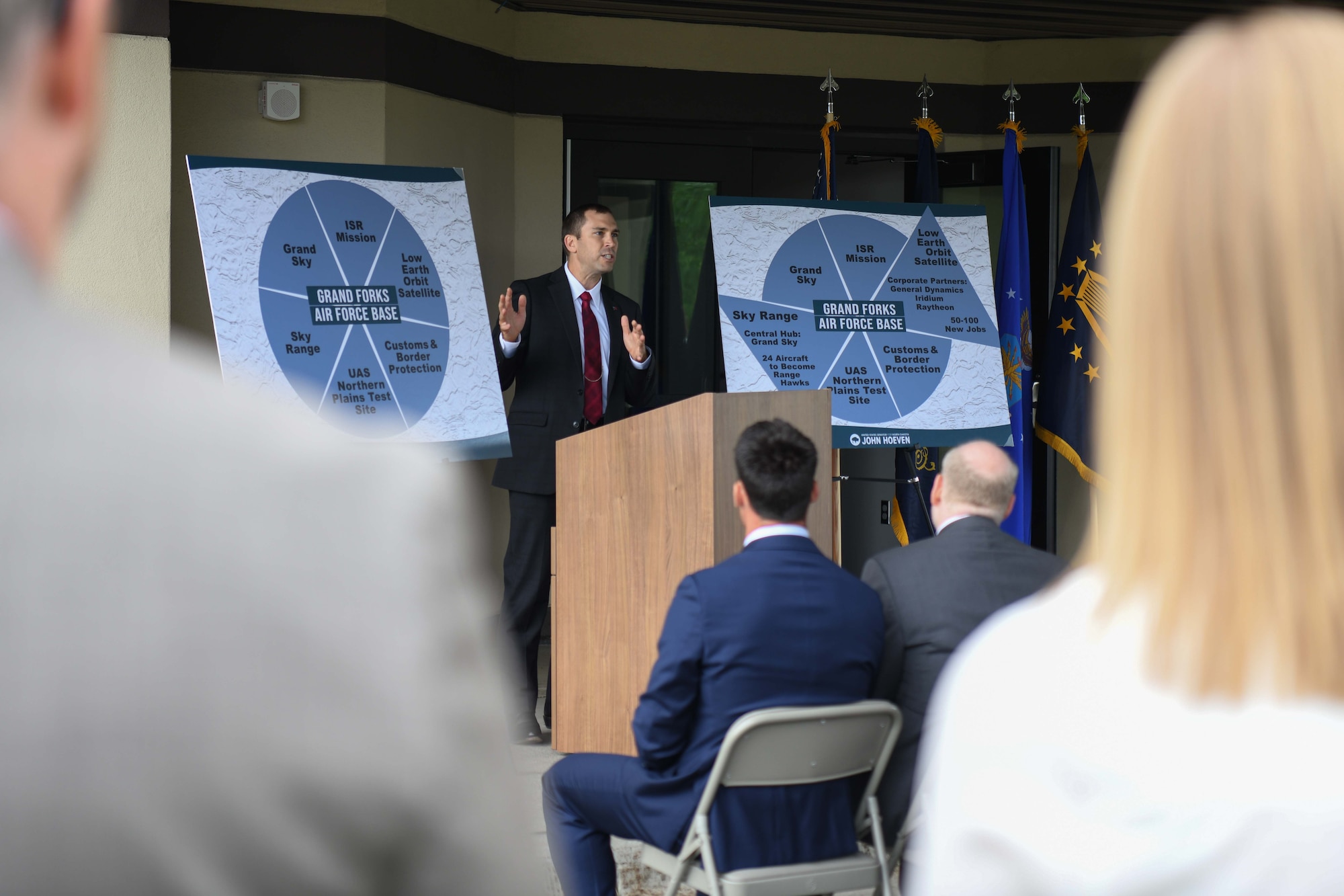 Derek Tournear, Space Development Agency director, speaks during a SDA ribbon-cutting ceremony June 28, 2022, at Grand Forks Air Force Base, North Dakota. Space Development Agency’s ground operations and integration centers are government-owned, contractor-operated facilities designed to perform multi-user, multi-mission satellite, networking, and mission and payload operations across the National Defense Space Architecture starting with Tranche 1 Transport Layer. Space Development Agency is recognized as the Department of Defense’s constructive disruptor for space acquisition and will accelerate delivery of needed space-based capabilities to the joint warfighter to support terrestrial missions through development, fielding and operation of the National Defense Space Architecture. (U.S. Air Force photo by Senior Airman Ashley Richards)