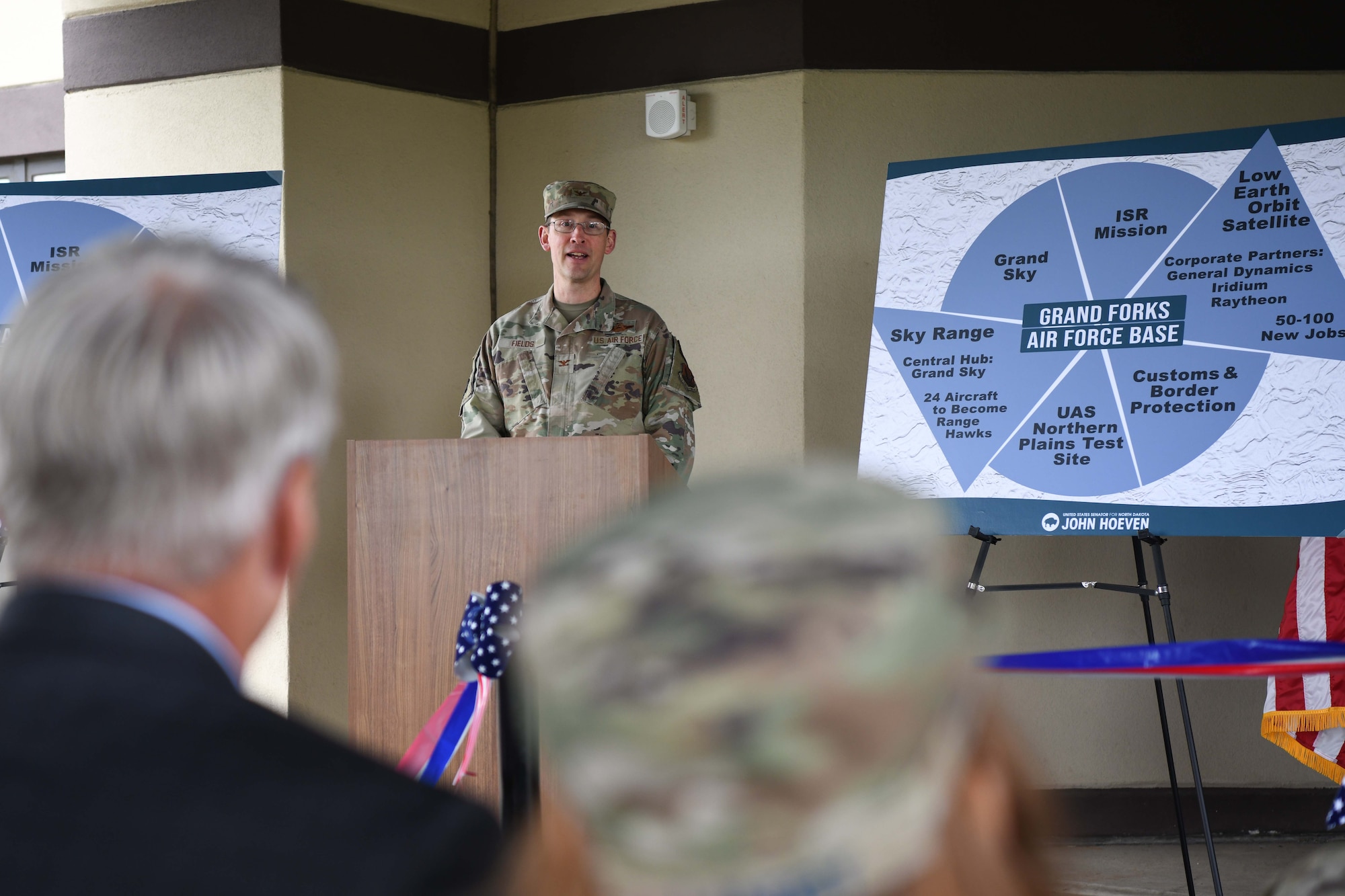 U.S. Air Force Col. Jeremy Fields, 319th Reconnaissance Wing vice commander, speaks during a Space Development Agency ribbon-cutting ceremony June 28, 2022, at Grand Forks Air Force Base, North Dakota. Grand Forks AFB was selected as one of two ground operation centers that will operate SDA ground entry points required to uplink and downlink data, and lead ground-to-space integration efforts. Space Development Agency is recognized as the Department of Defense’s constructive disruptor for space acquisition and will accelerate delivery of needed space-based capabilities to the joint warfighter to support terrestrial missions through development, fielding and operation of the National Defense Space Architecture. (U.S. Air Force photo by Senior Airman Ashley Richards)
