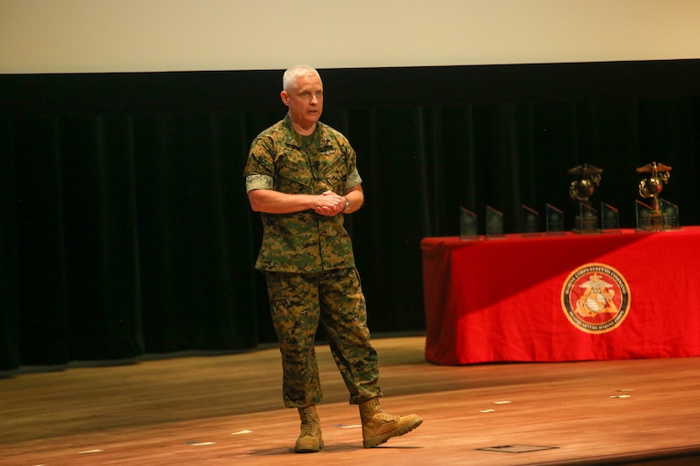 Brig. Gen. David C. Walsh, commander of Marine Corps Systems Command, addresses the crowd during the Acquisition Excellence Awards June 28 at Marine Corps Base Quantico.