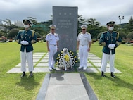BUSAN, Republic of Korea (June 21, 2022) Rear Adm. Rick Seif, Commander, Submarine Group 7, right, and Rear Adm. Lee Su Youl, Commander, Republic of Korea (ROK) Navy Submarine Force, place a wreath at the United Nations Memorial Cemetery in Korea (UNMCK) in honor of those UN Forces that gave their lives for world peace and freedom, June 21, 2022. The UNMCK, where more than 2,300 service members from 16 countries have been interred, is the only United Nations cemetery in the world, and the final resting place for United Nations Command (UNC) veterans of the Korean War. Seif visited UNMCK as part of his trip to Korea for the 54th Submarine Warfare Committee Meeting (SWCM). (Photo courtesy of Lt. Haley Bonner)
