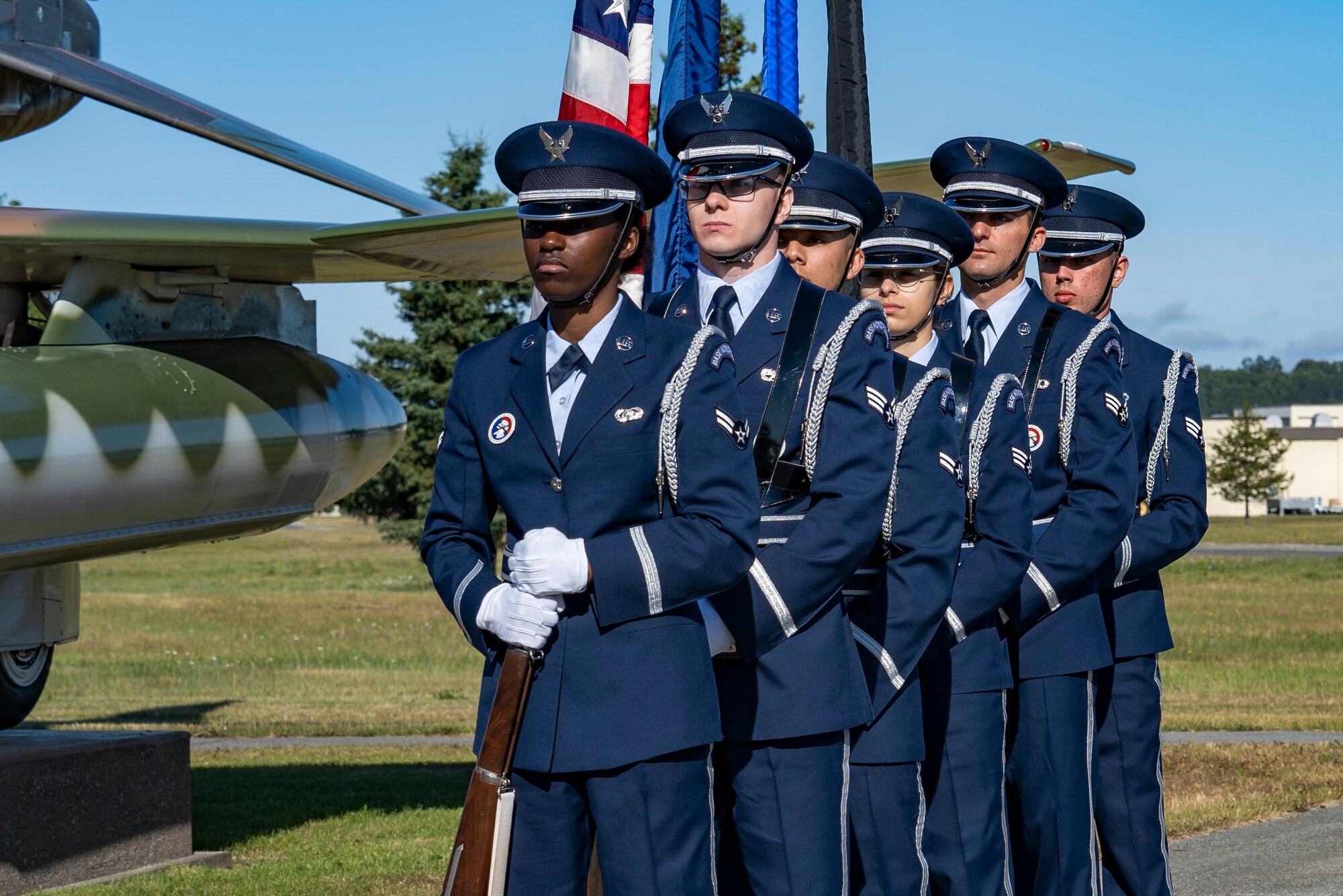 A photo of the JBER Honor Guard preparing to the present colors during the 673d ABW change of command ceremony