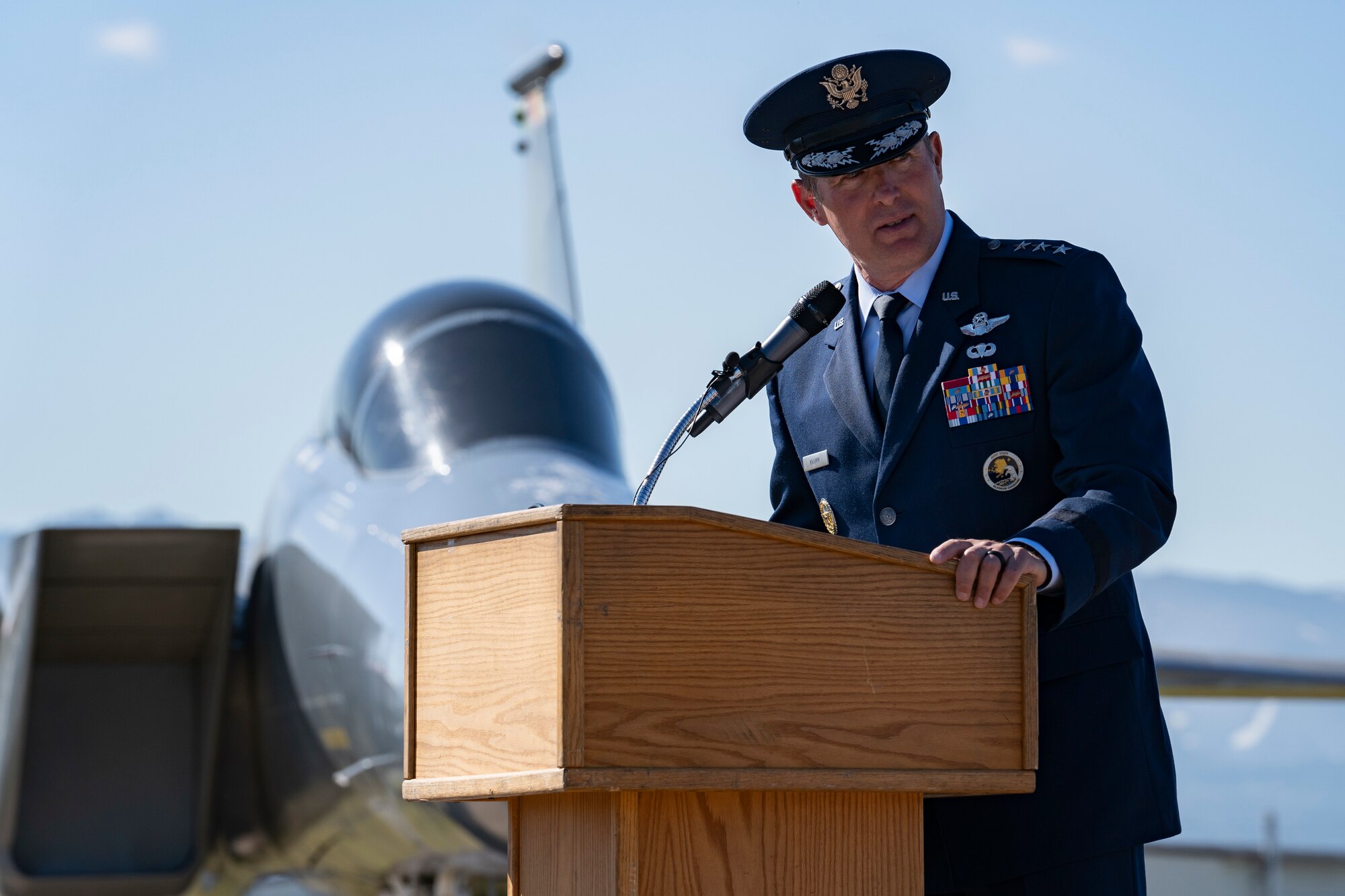 A photo of Lt. Gen. Krumm speaking during the 673d ABW change of command ceremony