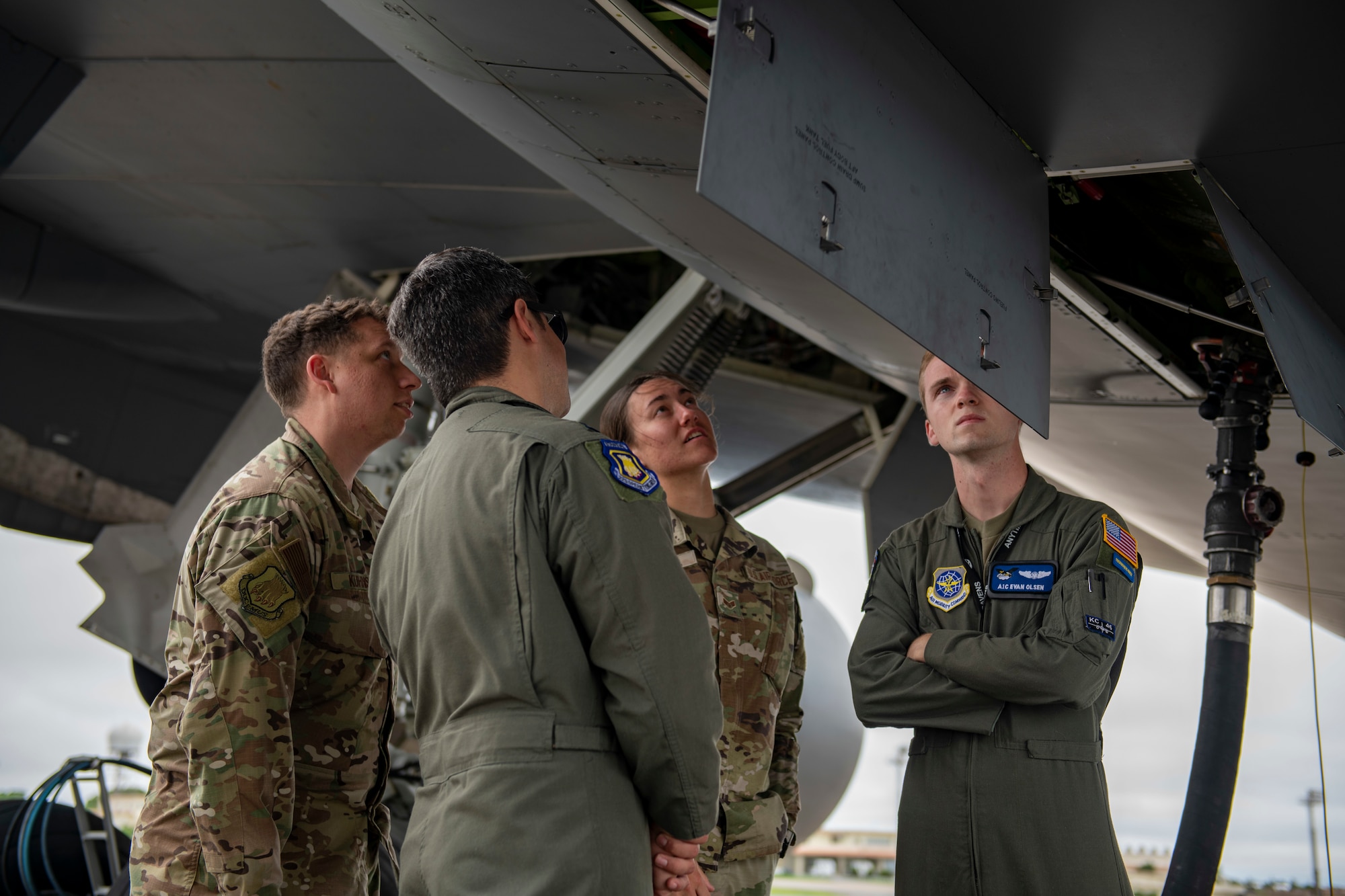 Air Force Airmen from the 18th Logistics Readiness Squadron work alongside Airmen from McConnell Air Force Base’s Agile Combat Employment office to hot pit refuel a KC-46 Pegasus