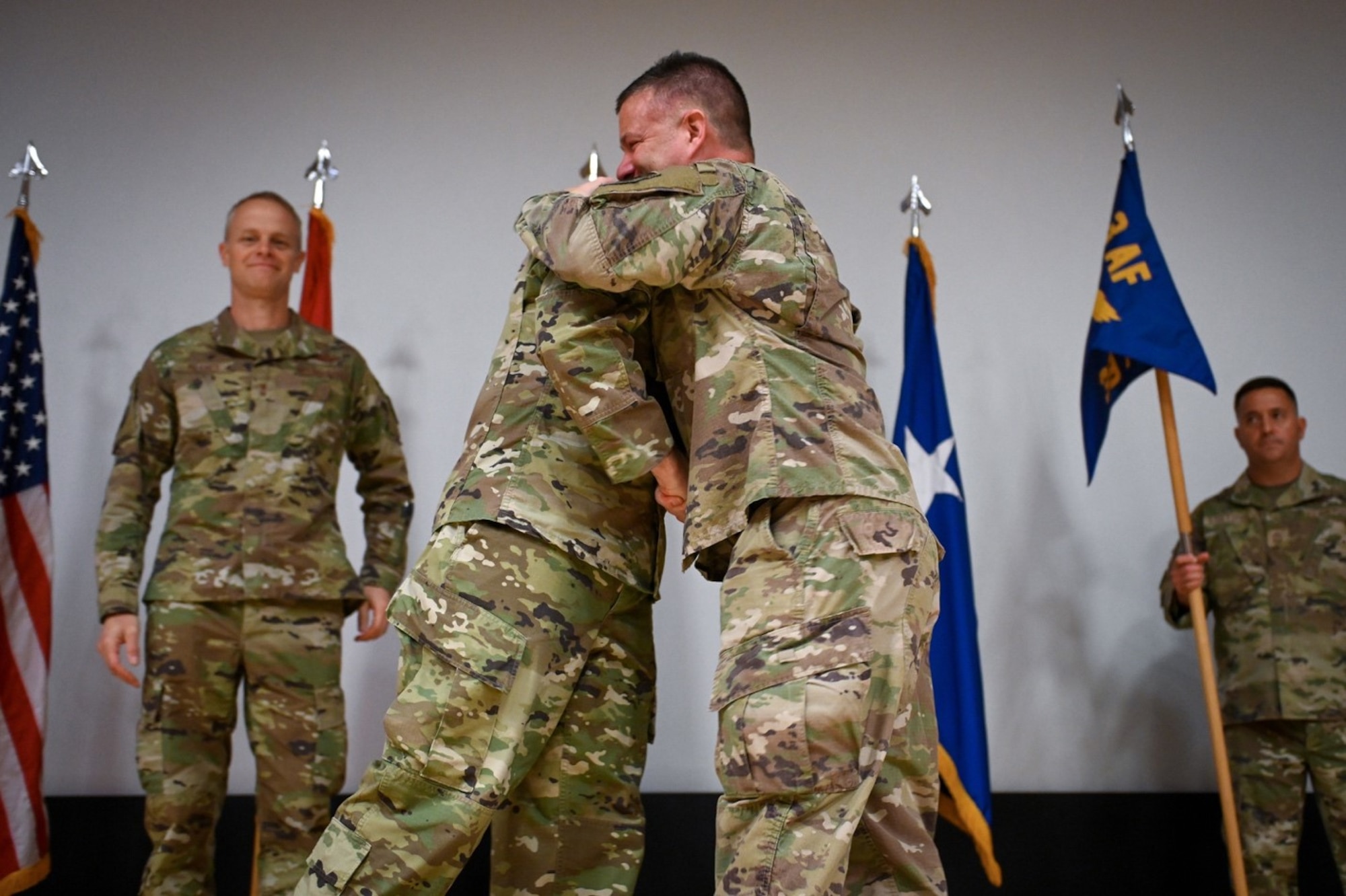 Col. Jason Gingrich (right), outgoing 39th Air Base Wing commander, and Col. Calvin Powell, incoming 39th ABW commander, embrace during a change of command ceremony at Incirlik Air Base, Turkey, June 30, 2022. During the ceremony, Gingrich relinquished command of the 39th ABW to France, who then charged Powell with leading the wing. The 39th ABW is charged with defending NATO’s southern flank under the auspices of 3rd AF, U.S. Air Forces in Europe – Air Forces Africa and U.S. European Command. The wing projects global power through strategic deterrence, agile combat support and enduring partnerships to defend U.S. interests and allies. (U.S. Air Force photo by Senior Airman Joshua T. Crossman)