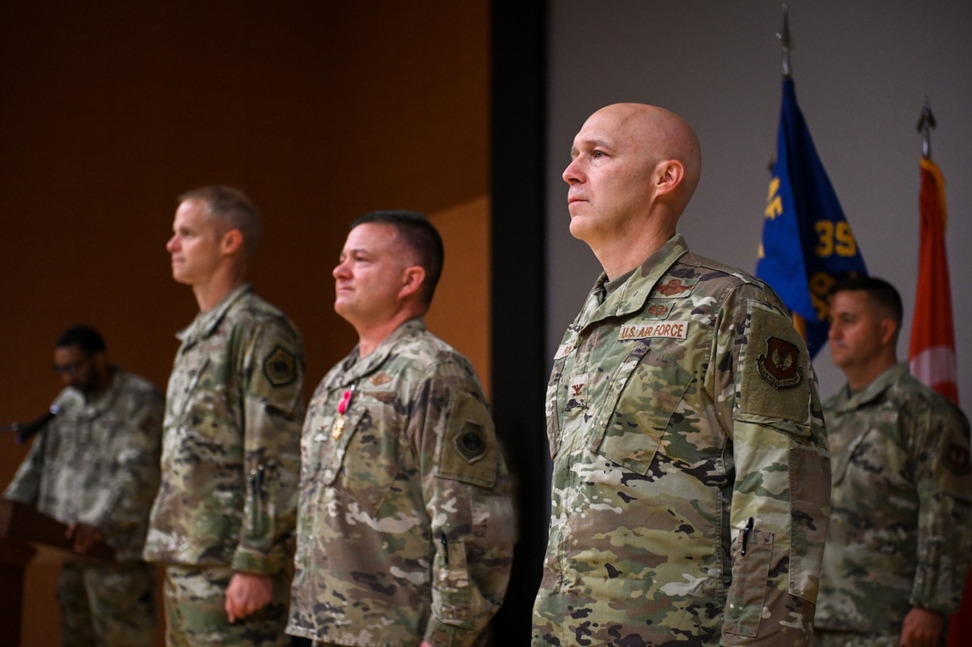 Left to right: Maj. Gen. Derek France, Third Air Force commander; Col. Jason Gingrich, outgoing 39th Air Base Wing commander; and Col. Calvin Powell, incoming 39th ABW commander; participate in a change of command ceremony at Incirlik Air Base, Turkey, June 30, 2022. During the ceremony, Gingrich relinquished command of the 39th ABW to France, who then charged Powell with leading the wing. The 39th ABW is charged with defending NATO’s southern flank under the auspices of 3rd AF, U.S. Air Forces in Europe – Air Forces Africa and U.S. European Command. The wing projects global power through strategic deterrence, agile combat support and enduring partnerships to defend U.S. interests and allies. (U.S. Air Force photo by Senior Airman Joshua T. Crossman)