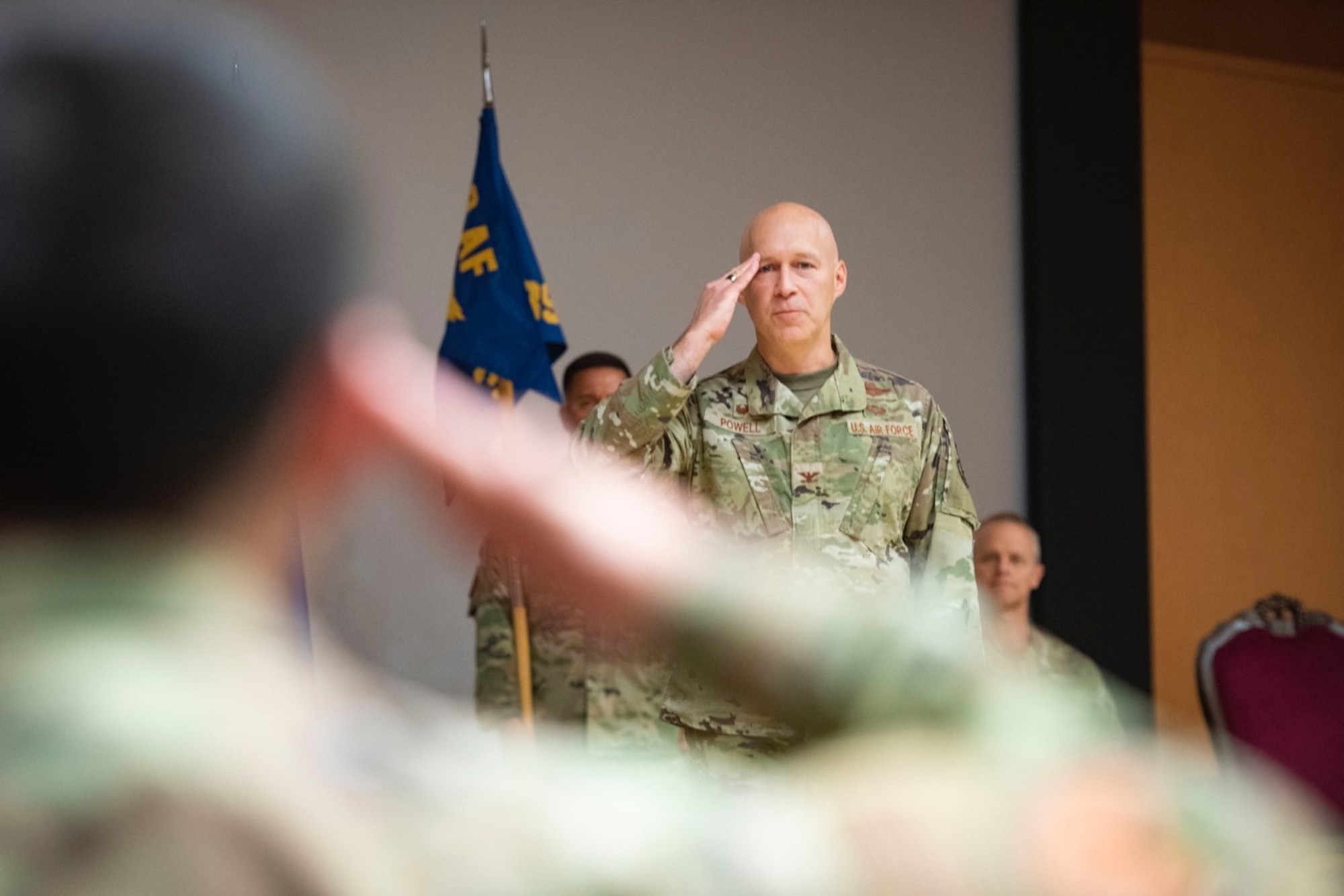 Col. Calvin Powell incoming 39th Air Base Wing commander, renders his first salute during a change of command ceremony at Incirlik Air Base, Turkey, June 30, 2022. During the ceremony, Col. Jason Gingrich relinquished command of the 39th ABW to Maj. Gen. Derek France, Third Air Force commander, who then charged Powell with leading the wing. The 39th ABW is charged with defending NATO’s southern flank under the auspices of 3rd AF, U.S. Air Forces in Europe – Air Forces Africa and U.S. European Command. The wing projects global power through strategic deterrence, agile combat support and enduring partnerships to defend U.S. interests and allies. (U.S. Air Force photo by Staff Sgt. Gabrielle Winn)